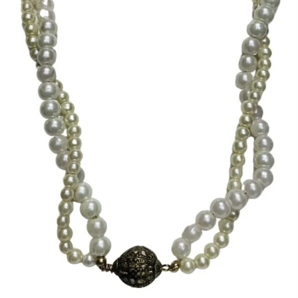 Vintage White & Beige Double Pearl Braided Gold Beaded layered Necklace 20”