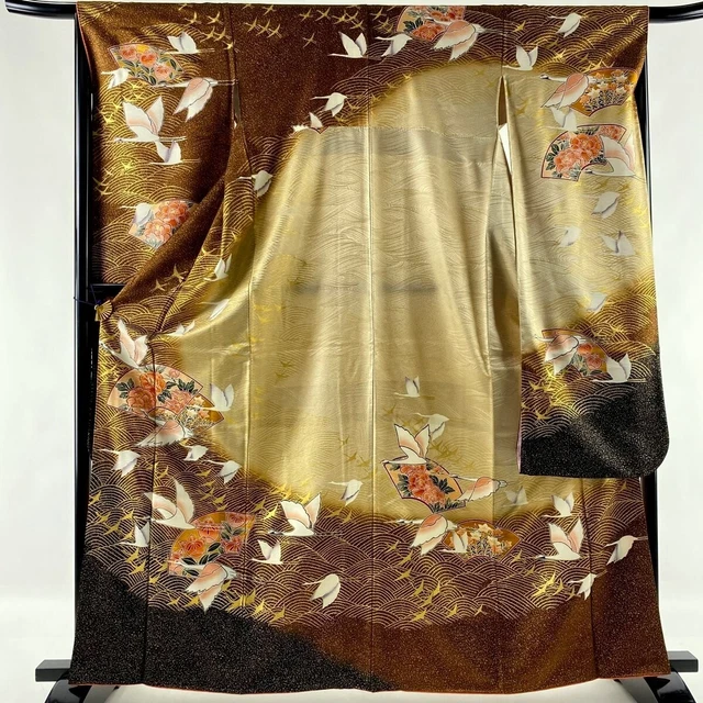 Japanese kimono SILK"FURISODE" long sleeves, Gold thread/leaf, KIKU(菊)L5'5".3263