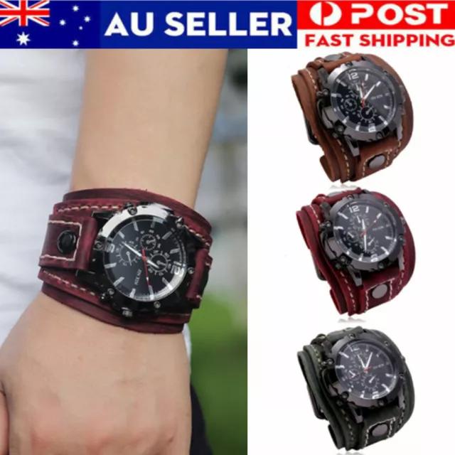 Retro Big Wide Genuine Leather Strap Watch Punk Quartz Cuff Watch Men Wristwatch