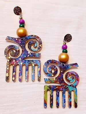 AFRO COMB/PICK  Handpainted ABSTRACT Wooden Earrings New! gold MADE TO ORDER