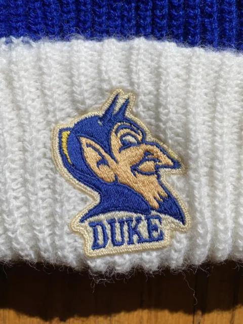 Vintage DUKE Hat - Blue Devil Beanie with Pom, embroidered logo cartoon, 70s 80s