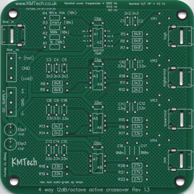 Mono 4-way active filter PCB DIY BALANCED/UNBAL INPUT 12dB/Octave v1.3