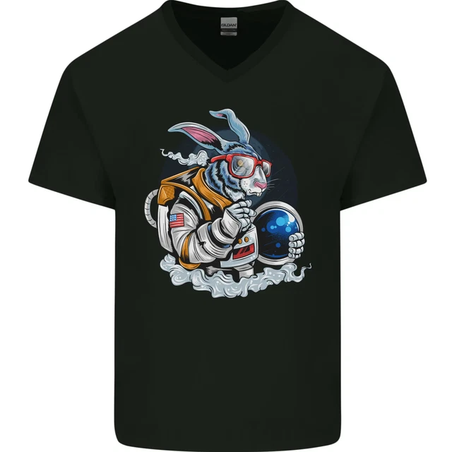 T-shirt da uomo collo a V in cotone Space Bunny Funny Astronaut Space Rabbit