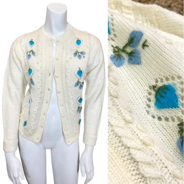 Vintage 1950’s WOOL KNIT CARDIGAN Floral XS 38 Boho Hippie MID CENTURY Secretary