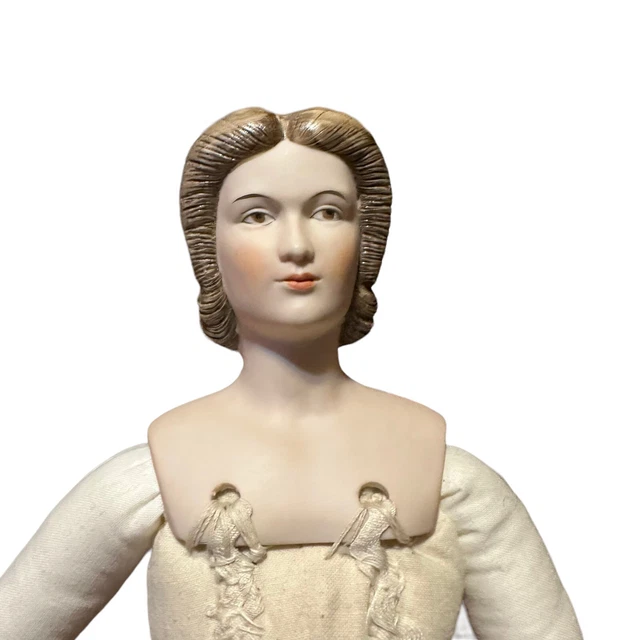 Bisque Porcelain Doll Cloth Soft Body Brown Hair Victorian Vtg Antique 18” 9