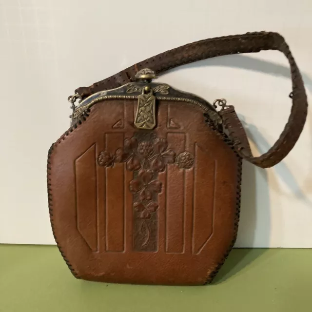 Antique NOCONA Brown  Hand Tooled  Leather Bag / Purse  -  Arts and Crafts