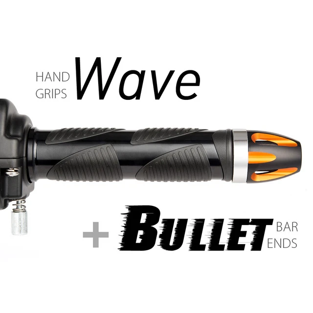 KiWAV Motorcycle Wave Grips Black with Bullet Bar Ends Orange/Silver