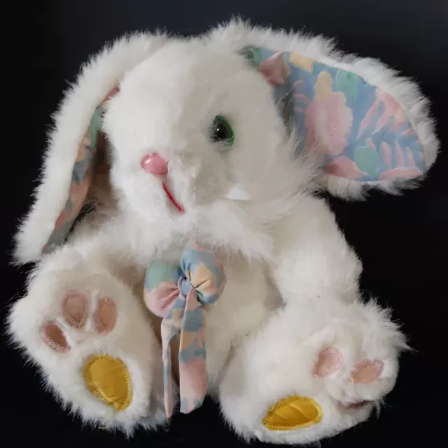 Vintage Easter Bunny Plush Floral Ears Embroidered Paws 10" Stuffed Rabbit 1980s