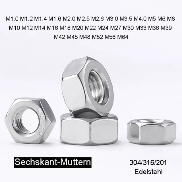 Hexagon Full Nuts 304,316,201 Stainless Steel M1,M1.2,M3,M4,,M6,M8,M12,M30...M64