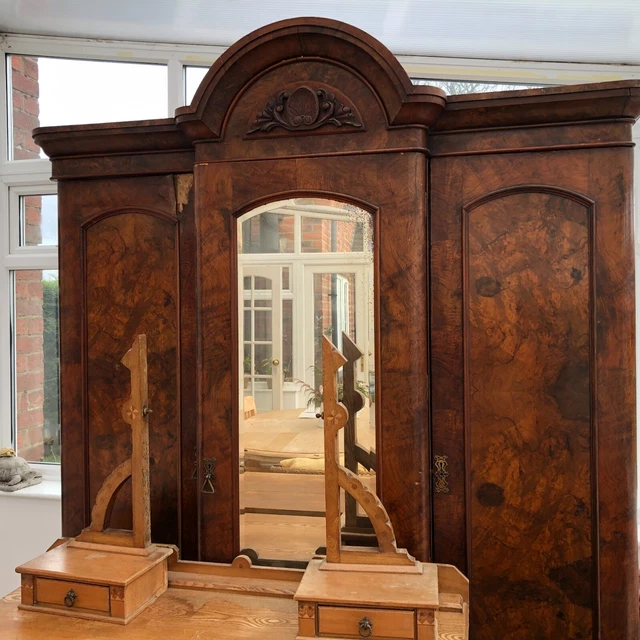 Burr Walnut Mirrored Wardrobe 3 Door Brass Drawers Mirror Antique 1890