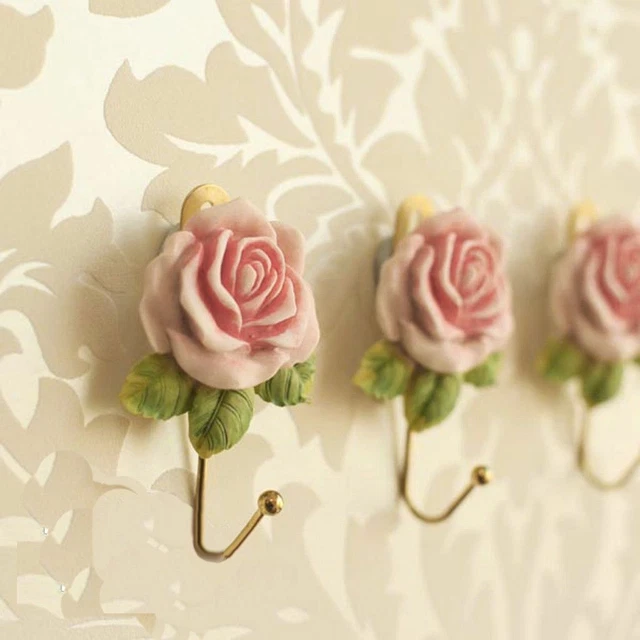Vintage Rose Hook Wall Mounted Resin Hanger For Hat Coat Clothes Bathroom Towel