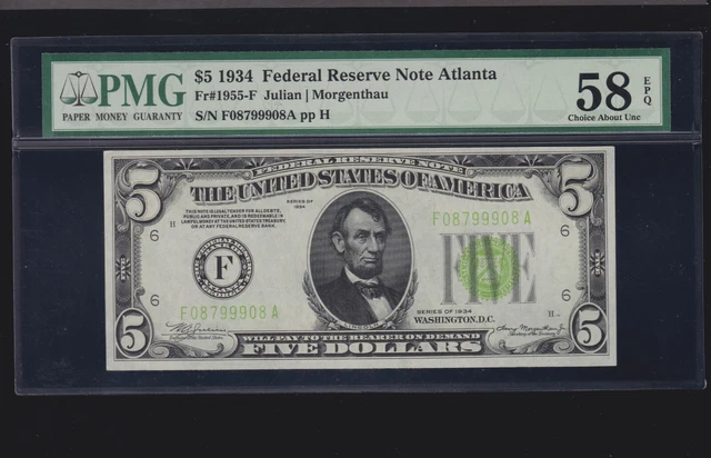 US 1934 $5 FRN Atlanta LGS FR 1955-F PMG 58 EPQ Ch AU (908)