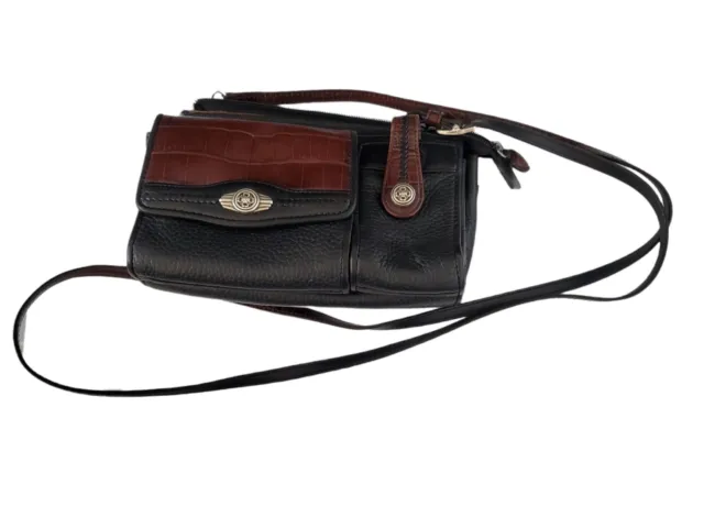 BRIGHTON Vintage Black Brown Leather Croc Crossbody Organizer Bag Wallet Purse