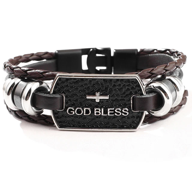 Men's Cross & God Bless Black or Coffee Color Braided Leather Wrap Bracelet