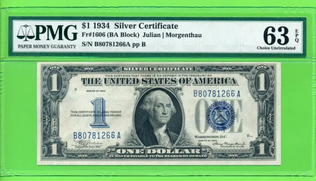 1934 $1 Silver Certificate Fr. 1606 BA Block PMG 63 EPQ Serial B80781266A