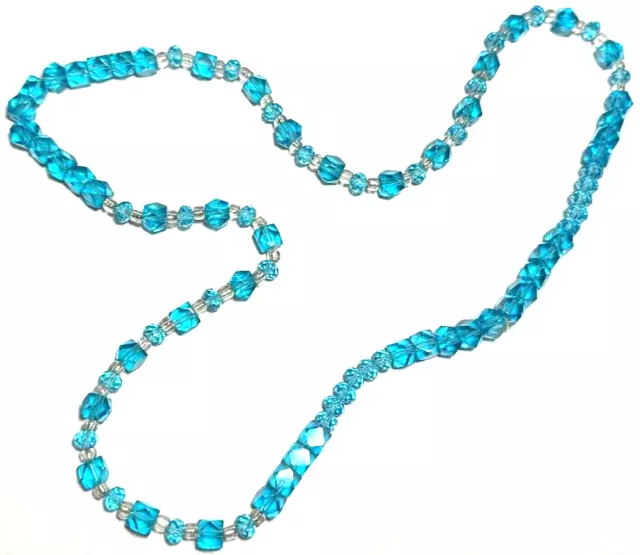 Vintage Jewelry Necklace Diamond Cut Glass Bead Sky Arctic Blue Translucent 13
