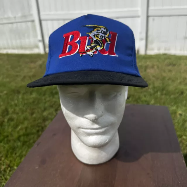 VINTAGE Budweiser Hat Cap Mens Snap Back Blue Black Football 90s Beer USA