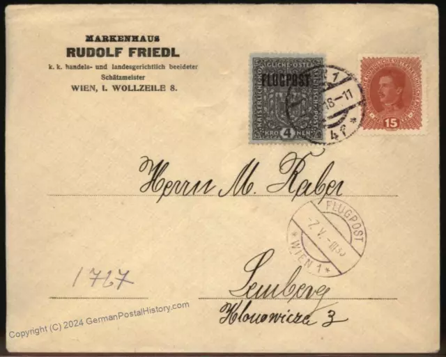 AUSTRIA 1918 IMPERIAL Vienna First Airmail Issue Mi227 Flugpost Cover ...