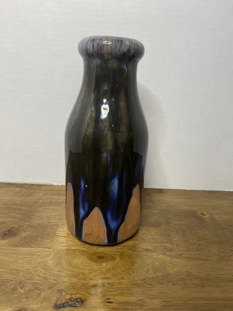 Vintage Drip Art Glaze Pottery Vase Mahogany Blue Studio Art Mid Century Modern