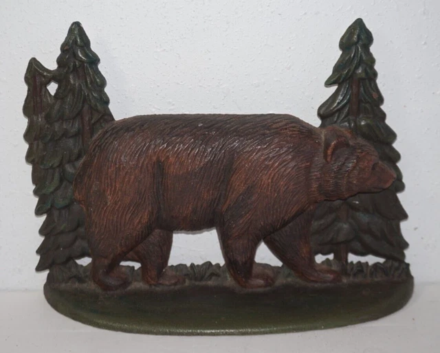 MCF Cast Iron Bear Pine Trees Door Stop Shelf Sitter 4.75lbs Rustic Cabin Decor