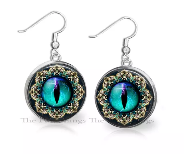 Spooky Blue Eyes Dangle Earrings 20mm Round Setting Handcrafted Abstract Art 01