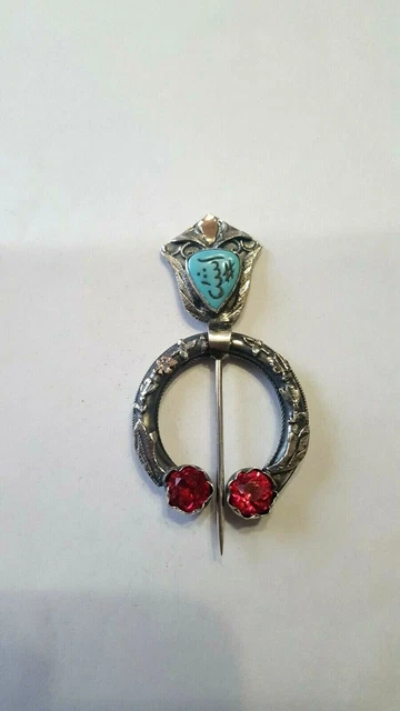 Ancienne fibule broche provencale argent massif et or pierres rouges XIXeme