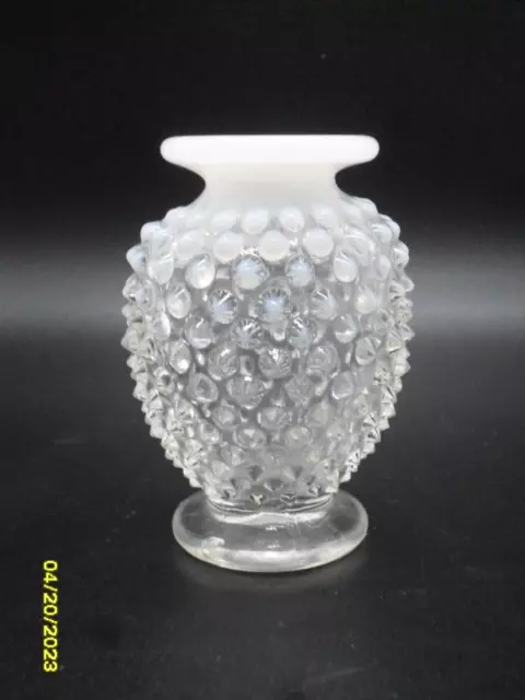 Vintage Fenton Clear Glass Opalescent Mini Milk Glass Hobnail Vase 3 3/4"