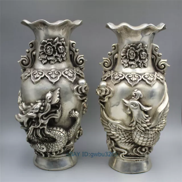Collection old Tibet silver Vase Handwork carved dragon& Phoenix w Qianlong Mark