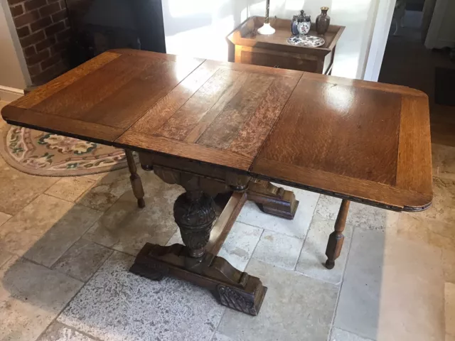 Superb Dropleaf Antique Heavily Carved Oak Farmhouse Dining Table