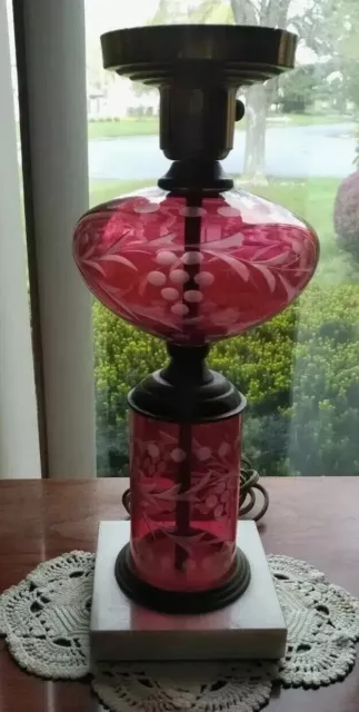 17" Vintage Etched Cranberry Glass Table Desk Lamp Parlor With Marble Base