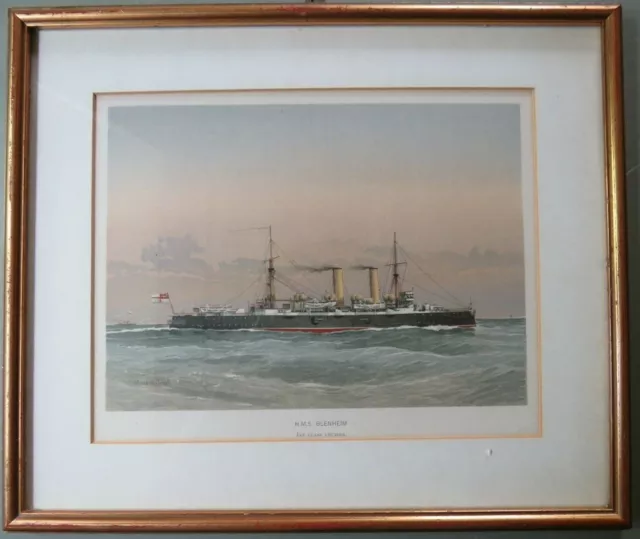 Antique Maritime W Fred Mitchell HMS Blenheim Coloured Lithograph Framed