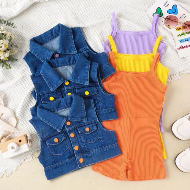 Baby Girls Bodysuit Beachwear Jumpsuit Birthday Denim Vest Clothes Outfit 2Pcs