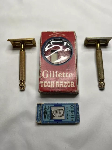 Vintage Gillette Tech 3 Piece Safety Razor Used Ball End Lot Of 2 With Box