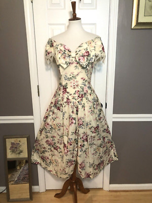 Vintage Pretty Jessica McClintock Bridal Floral Cotton Off Shoulder Dress~12~EC!