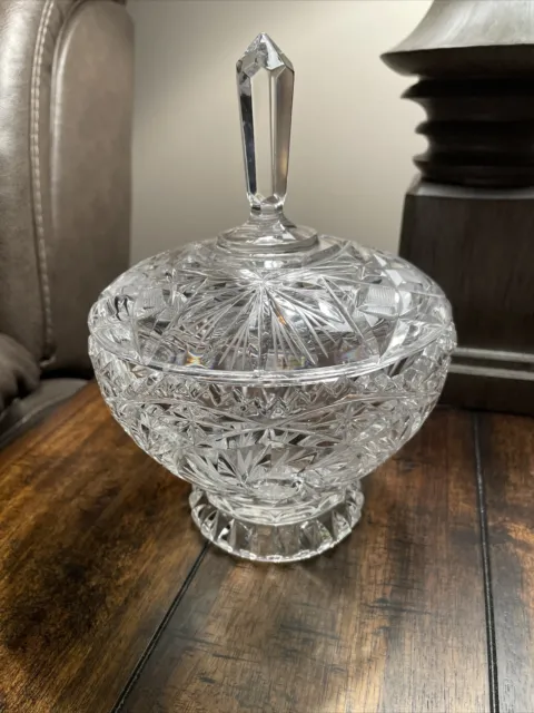 Beautiful Vintage Cut Crystal Glass Candy Dish Bowl With Lid Pinwheel Star 9x6.5