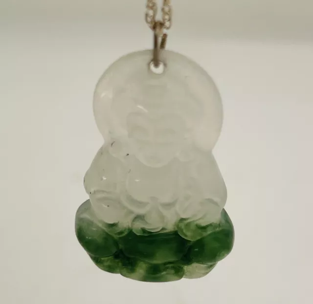 Vintage Carved Kuan Yin Icy Green Jadeite Pendant on Sterling Chain Necklace