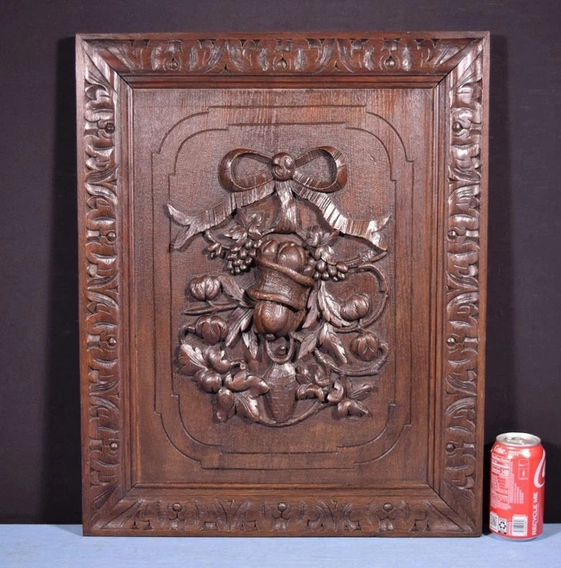 Antique French Deeply Carved Panel in Solid Oak Wood Salvage with Bow