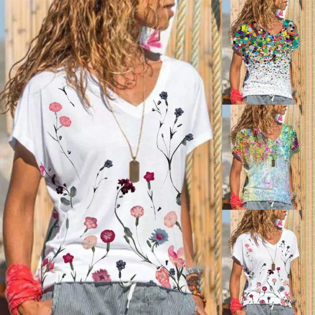US Womens Floral V Neck T-shirt Tunic Tops Ladies Summer Short Sleeve Blouse Tee