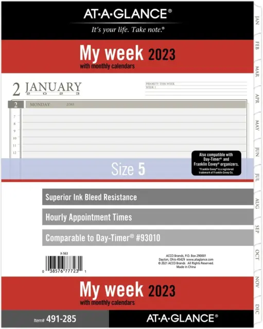 2023 Weekly Planner Refill, Hourly, 93010 Day-Timer, 8-1/2" X 11",