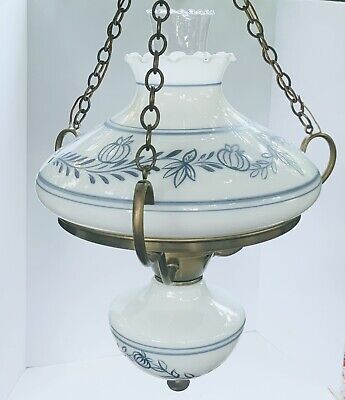 Vintage Blue Onion GWTW Hanging Lamp Victorian Milk Glass Light Fixture 1970s