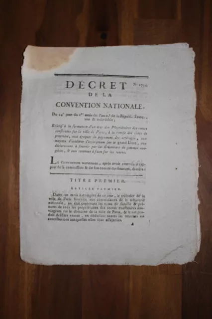 ✒ Révolution CONVENTION NATIONALE Décret RENTES sur la ville de PARIS 1793