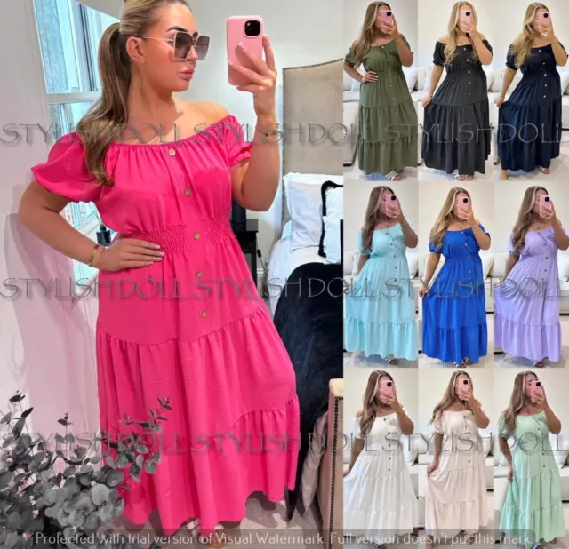 Damen elastisches schulterfreies Bardot-Knopf-Maxikleid magisch Sommer lang