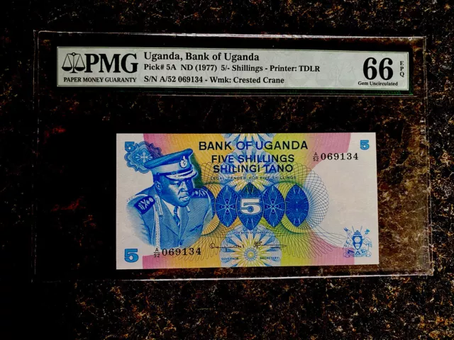 1977 5 Shillings Idi Amin Bank Of Uganda Currency Banknote Note Pmg 66