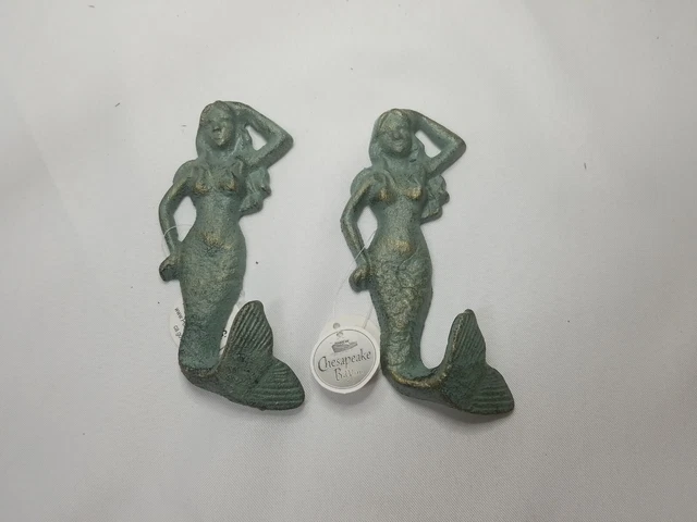 2 Cast Iron Mermaid Hook Wall Hanger Decor Beach Nautical Holds Bath Towel, Coat