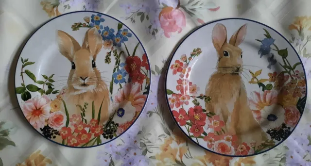 Pottery Barn Easter Floral Bunny Salad Plates Stoneware Set Of 2 Designs