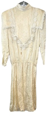 Vintage JESSICA MCCLINTOCK Victorian Lace Floral 70s 80s Silk Dress Drop Waist 6