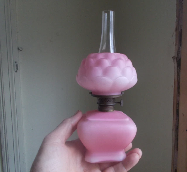 1894 Original Pink Cased Satin Glass Artichoke Miniature Oil Lamp Complete