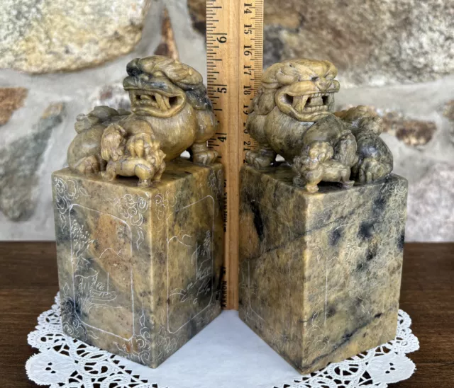 Chinese Soapstone FOO DOGS Intricately Carved & Etched Pillar Bookends - Pair