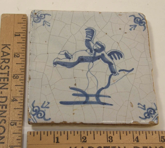 Antique Dutch Delft 18Th Century Tile Cherub Amor Cupid With Bow