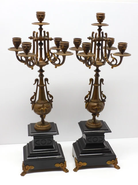 - BELLE PAIRE de BOUGEOIRS CANDELABRES 5 FEUX NAPOLEON III BRONZE MARBRE NOIR  D